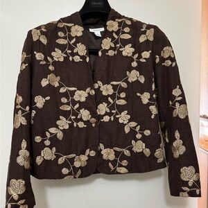 Dressbarn Women's M 100% Silk Shell Floral Embroidered Blazer - Brown and Cream